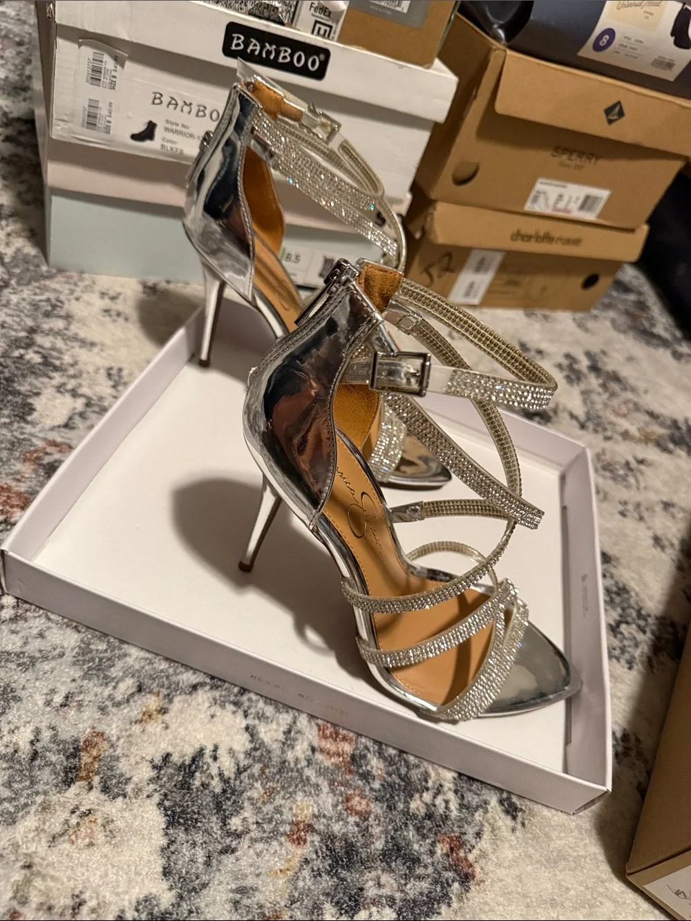 Jessica Simpson Silver Rhinestone Strappy Pointed-Toe Heels